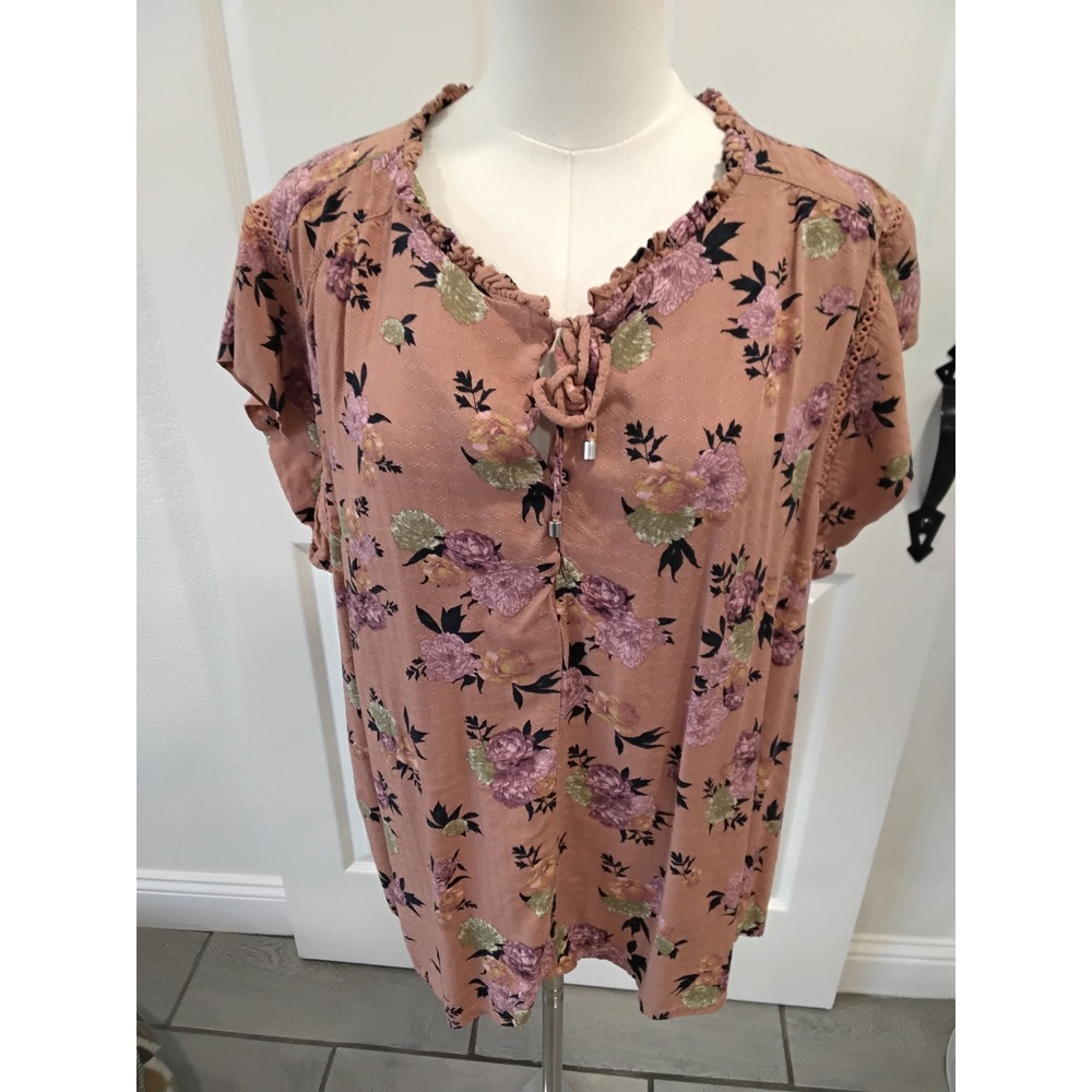 Buffalo David‎ Bitton XXL Floral Flutter Sleeve Blouse Terracotta Mauve Boho Top